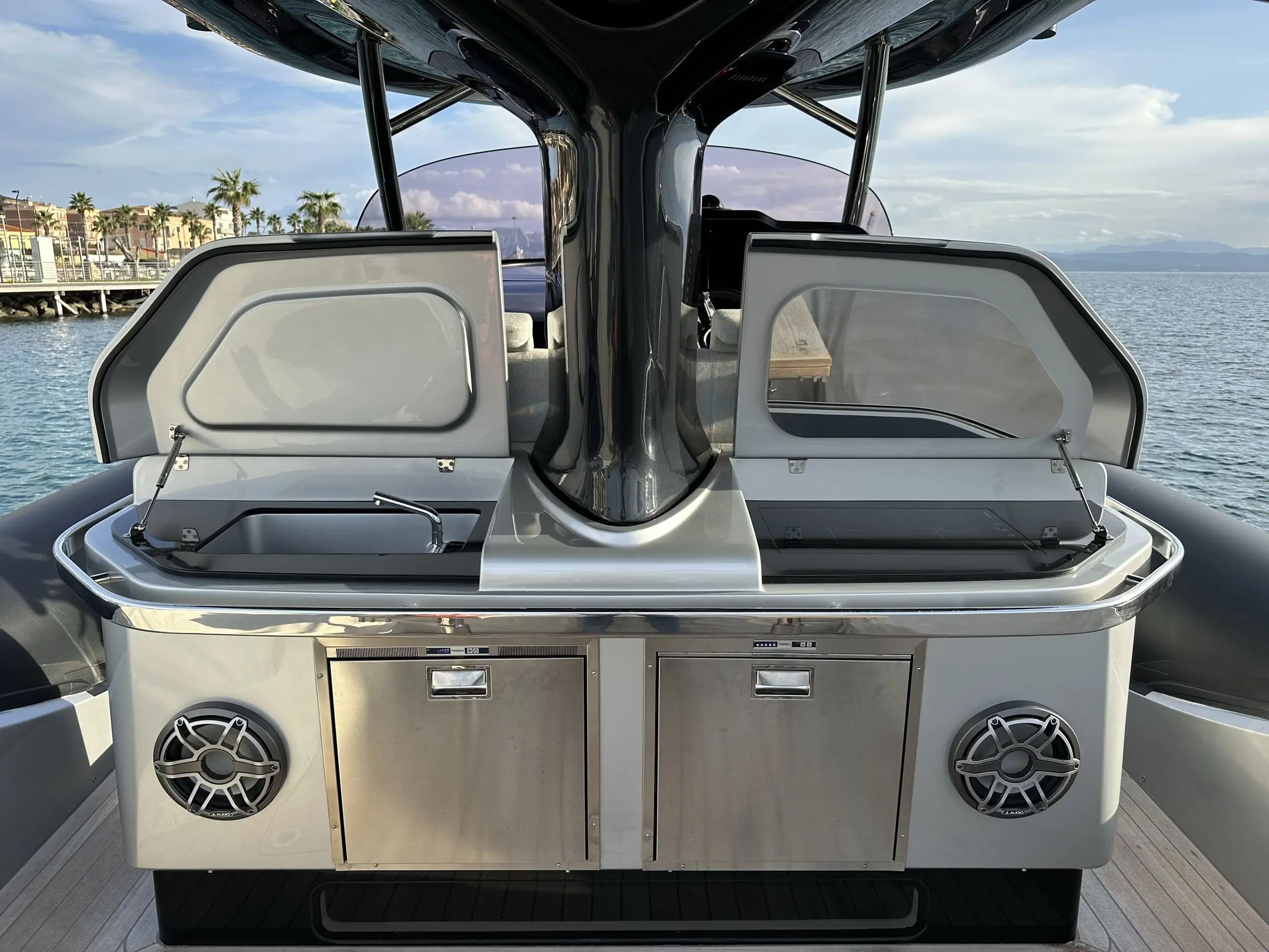 SACS Strider 15 stainless steel wet bar and storage compartments with speakers