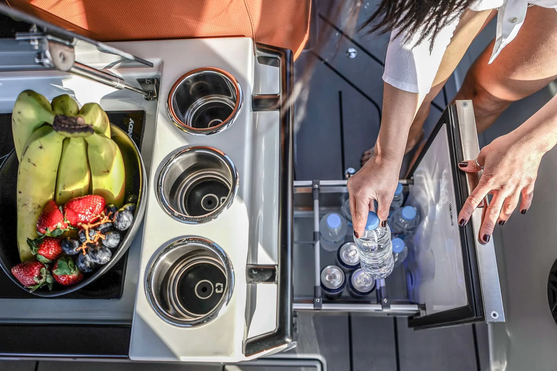 Ciotola di frutta fresca e bottiglie d'acqua refrigerata nel frigorifero di bordo