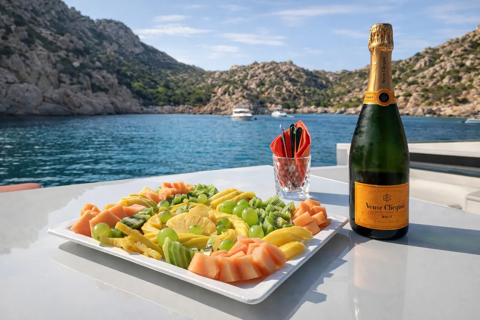Piatto di frutta con champagne Veuve Clicquot sul ponte con una cala sarda sullo sfondo