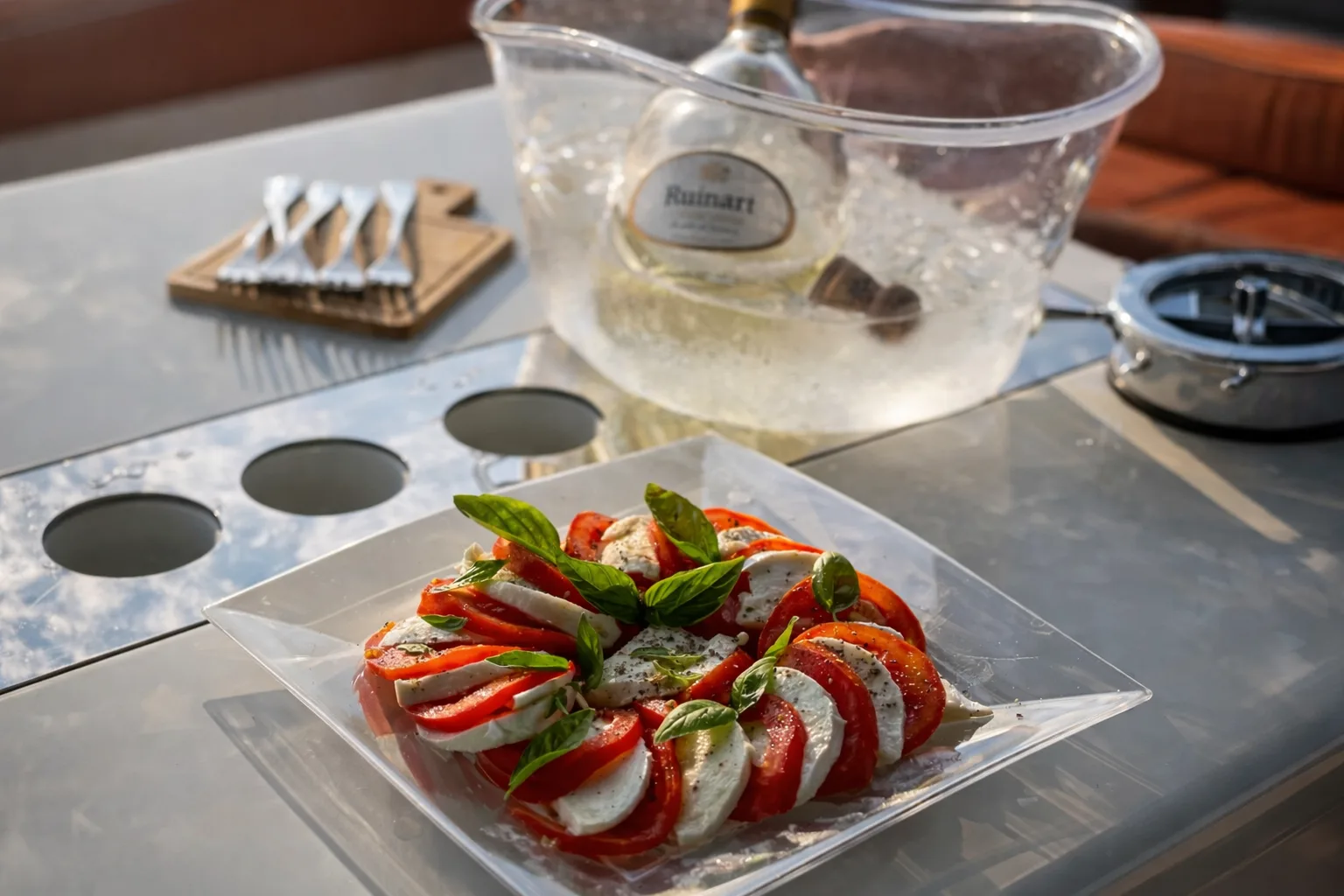 Tagliere di formaggi e salumi sardi disposto sul tavolo in teak