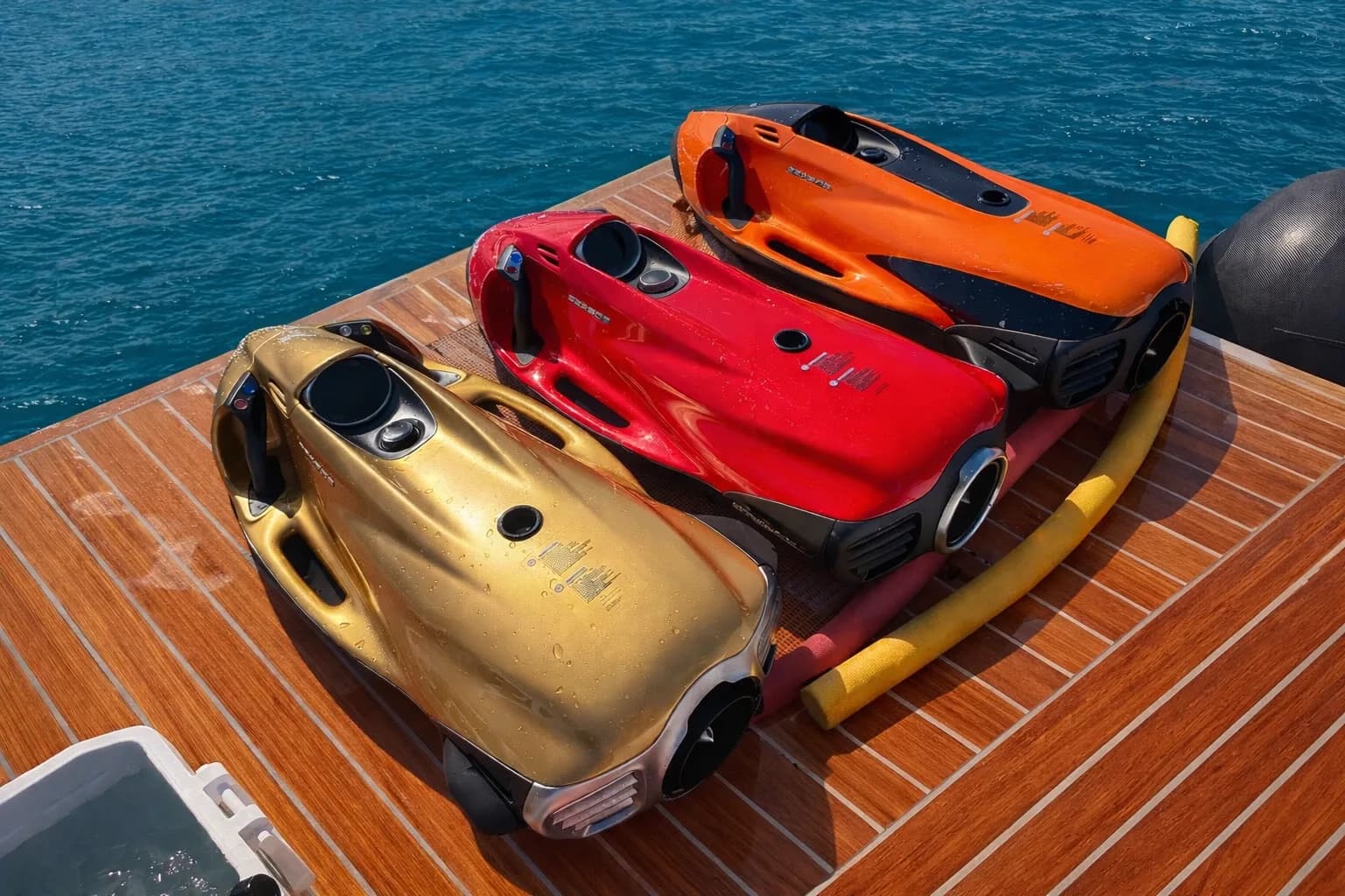 Chartergäste schwimmen und schnorcheln um eine in smaragdgrünem Wasser geankerte Yacht