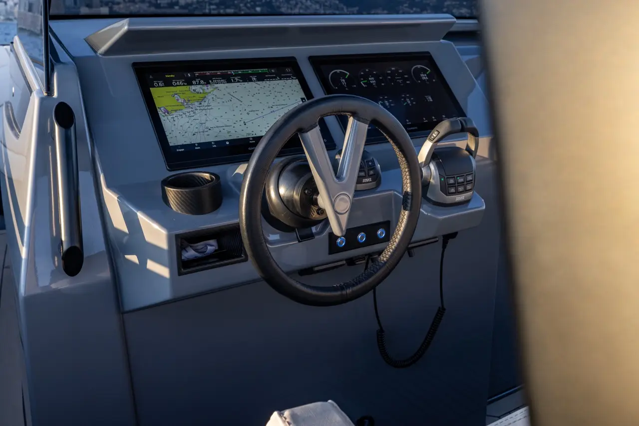Vanquish VQ40 helm station with navigation and safety equipment